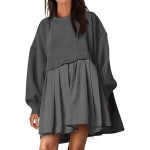 Women Oversized Sweatshirt Dress Long Sleeve Patchwork Dark Grey Pleated Mini